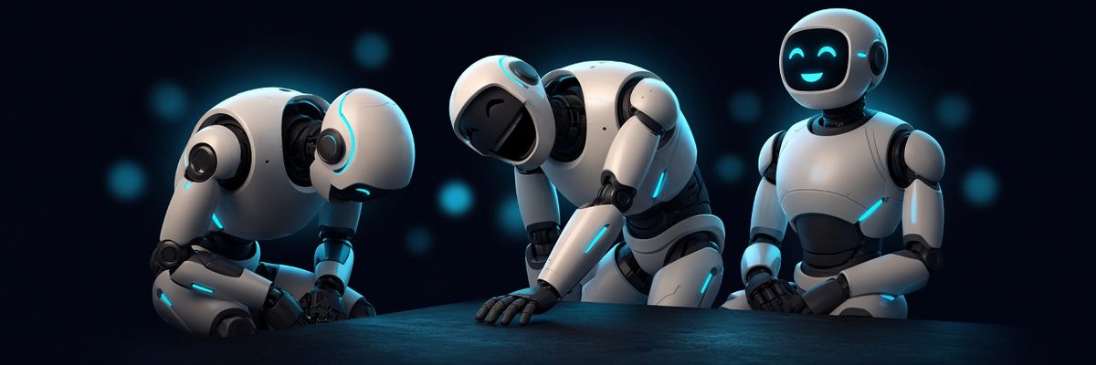 Three robots laughing together